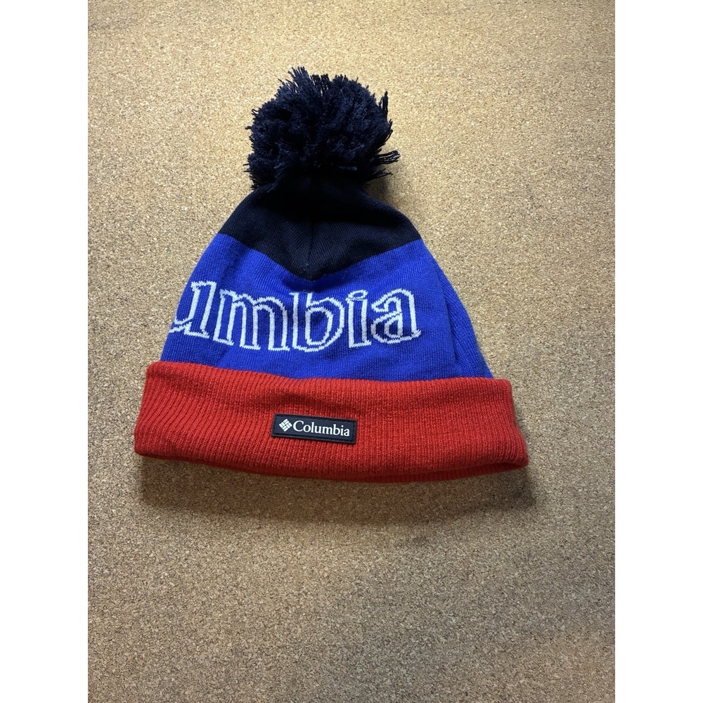 Vintage Columbia Lined Knit Colorblock Pom-Pom Beanie Hat One Size